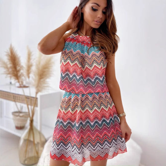 Damen Neckholder Minikleid mit zigzag-muster und luftiger Passform EB