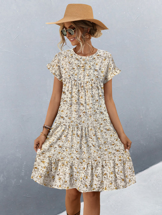 Damen Freizeitkleid mit voluminösem Rock und floralem Design EB