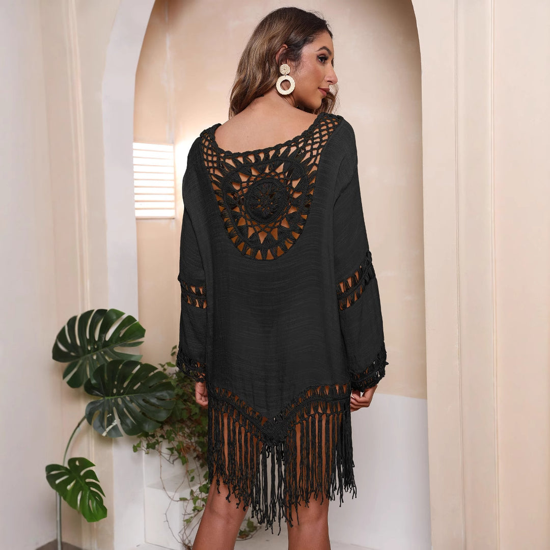 Damen Häkel-Strandkleid mit fransigen Details EB