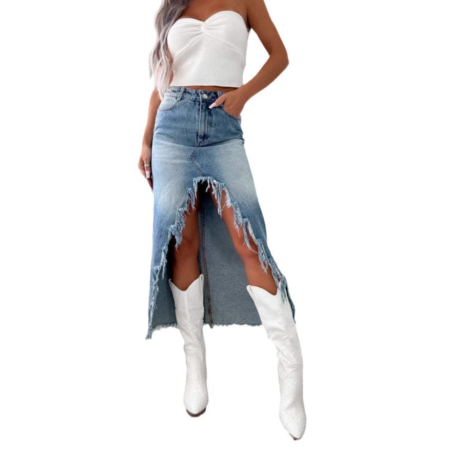 Damen Jeansrock mit fransigem Saum und hohem Schlitz EB