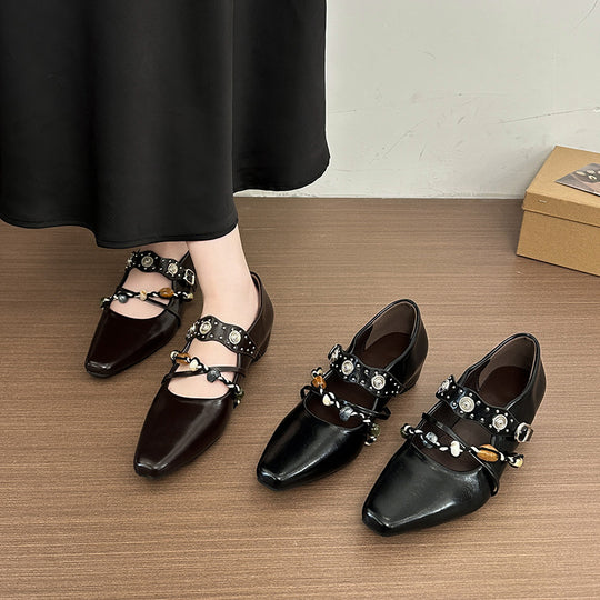 Damen Stilvolle Ballerinas mit dekorativem Riemen und eleganter Schnalle EB