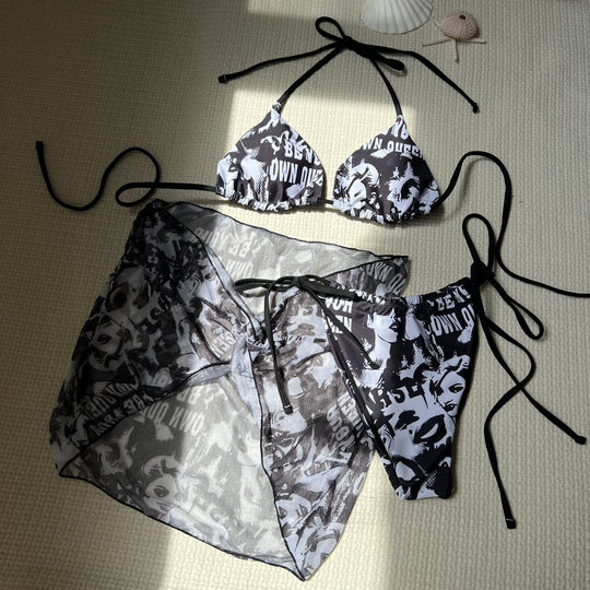 Damen Bikini-Set mit transparentem Rock und trendigem Grafikdruck EB