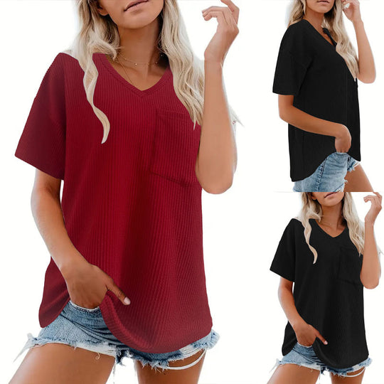 Damen V-Ausschnitt Oversized T-Shirt mit Brusttasche und Rippstruktur EB