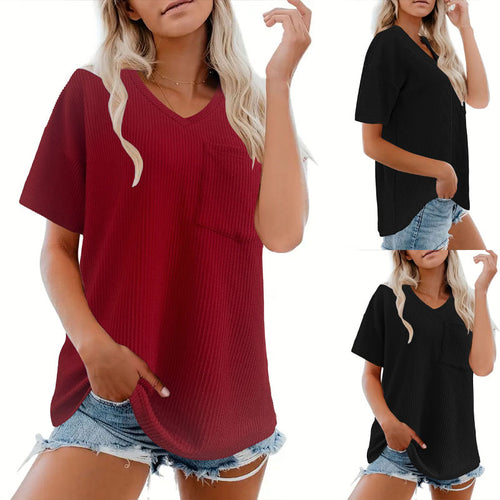 Damen V-Ausschnitt Oversized T-Shirt mit Brusttasche und Rippstruktur EB