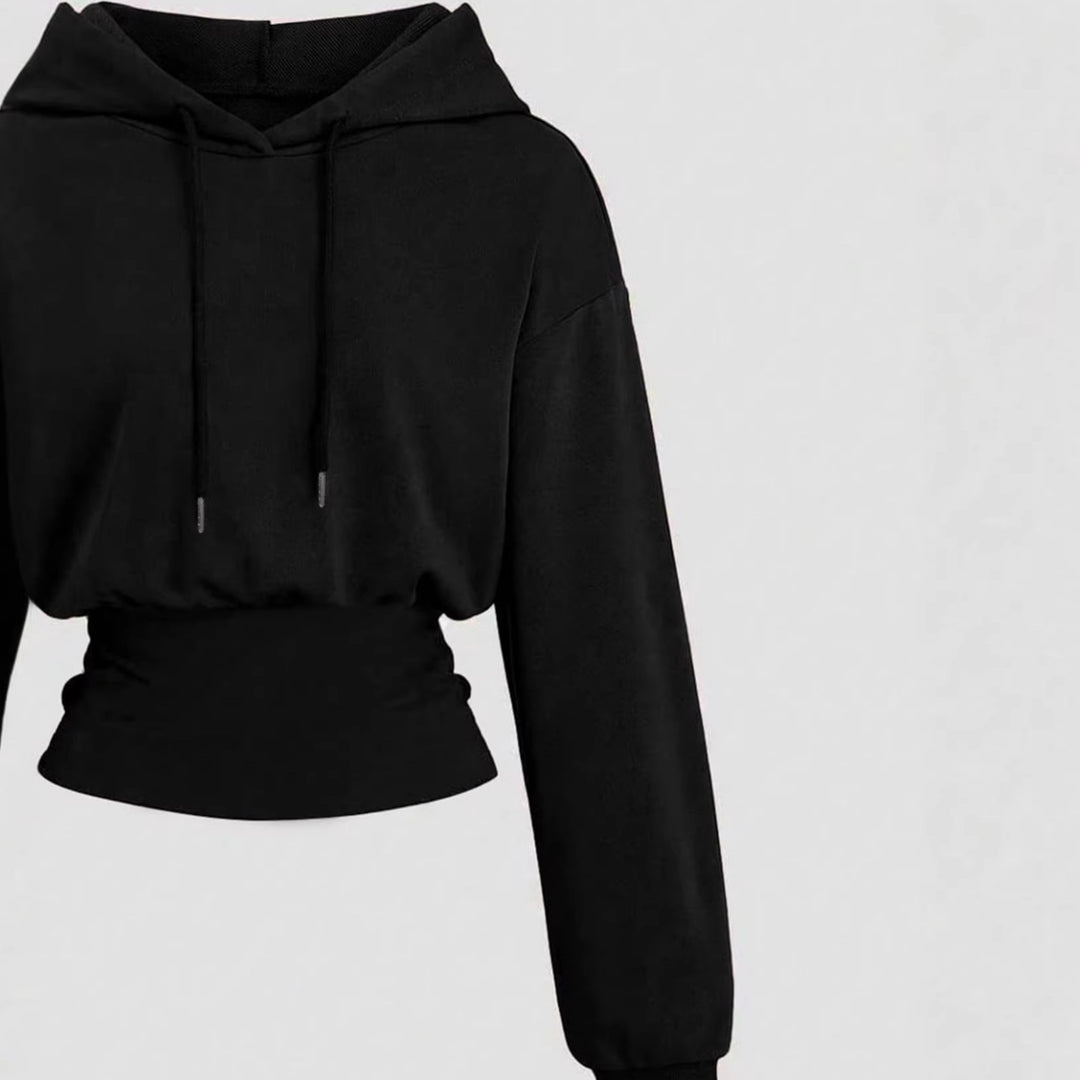 Damen Kurz geschnittener Kapuzenpullover mit tailliertem Rippenbund EB