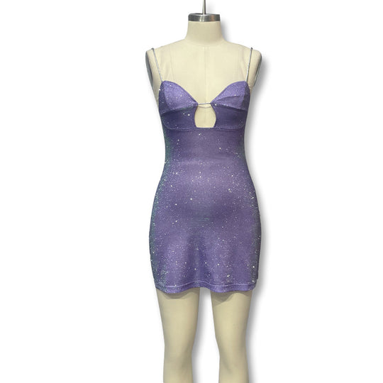 Damen Glamouröses Minikleid mit Glitzer und Schlüssellochausschnitt EB