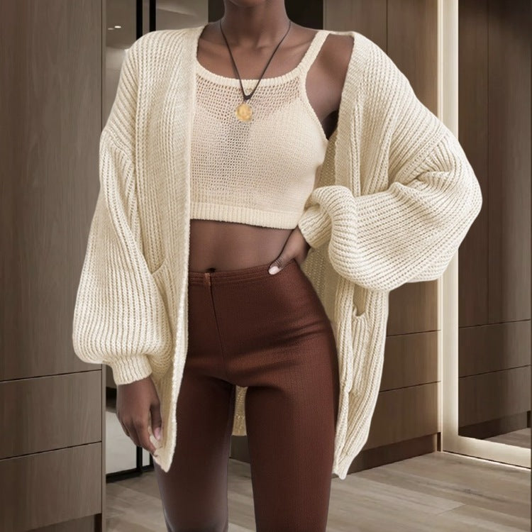 Damen Offener Strickcardigan mit voluminösen Ärmeln und praktischen Taschen EB