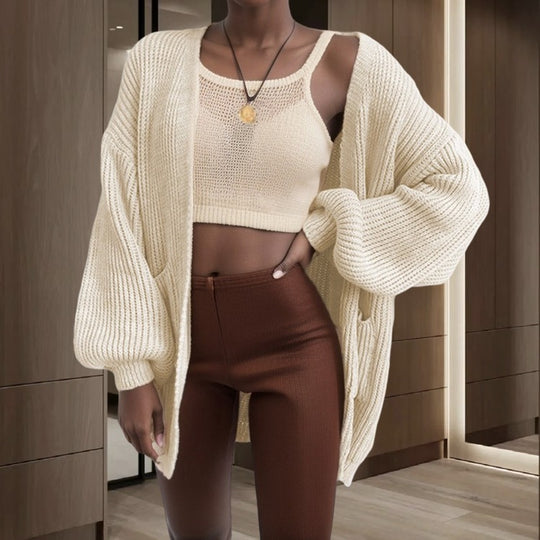 Damen Offener Strickcardigan mit voluminösen Ärmeln und praktischen Taschen EB