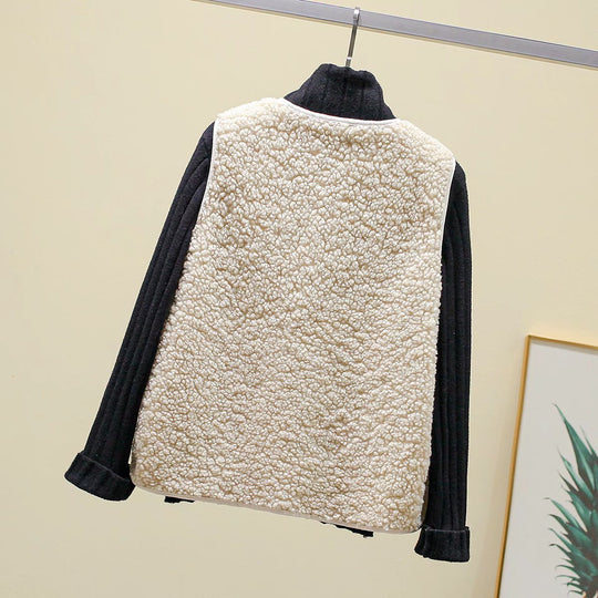 Damen Teddy-Fleece Weste mit Knopfleiste und Aufgesetzten Taschen EB