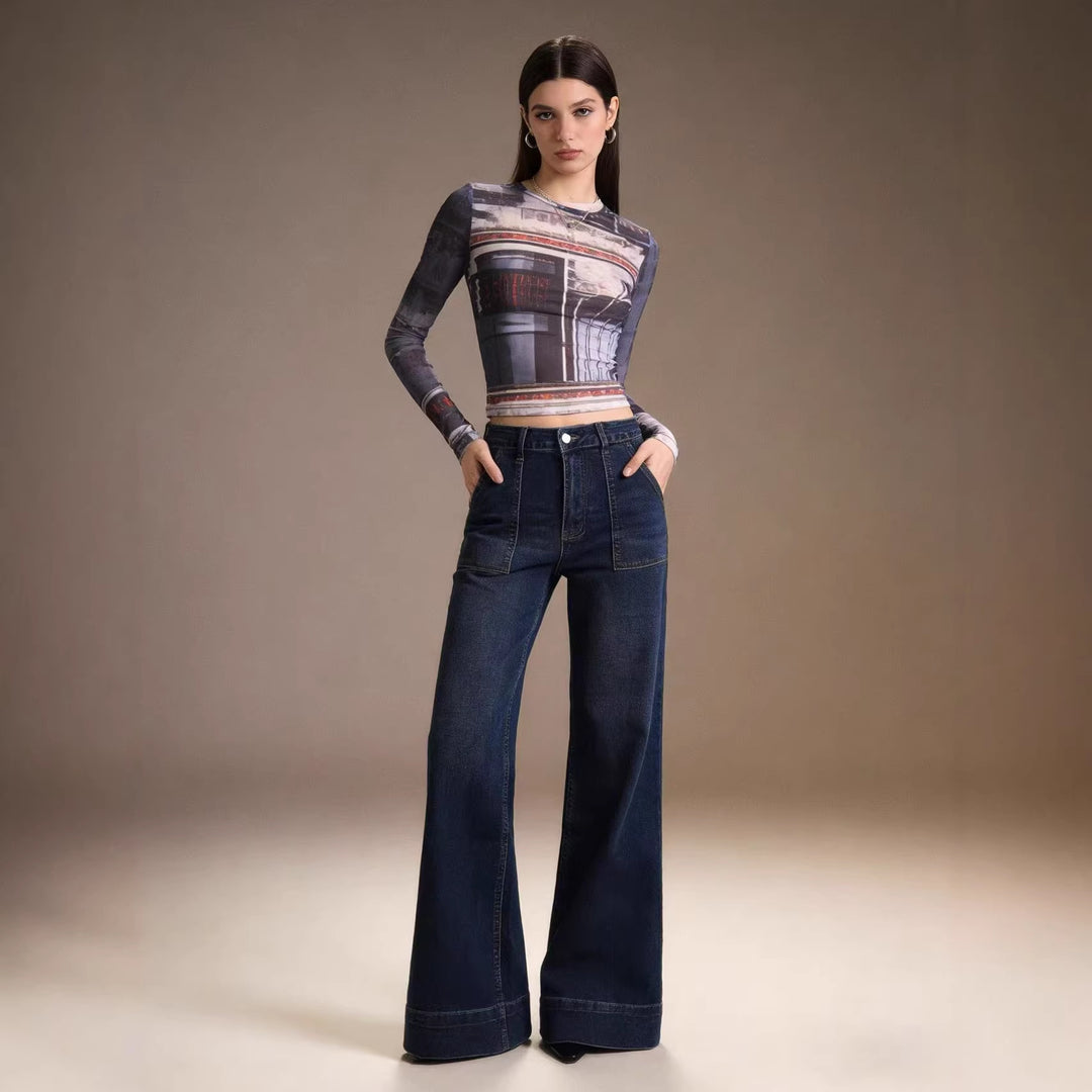 Damen High-Waist Weitbeinerhosen mit angesagtem Aufnäher EB