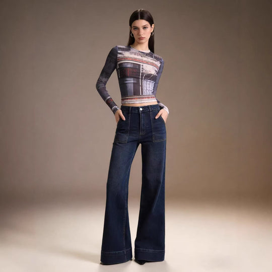 Damen High-Waist Weitbeinerhosen mit angesagtem Aufnäher EB