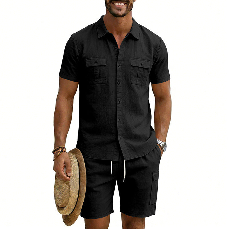 Herren nan sommerliches Freizeitset aus Baumwoll-Leinenmix mit Kurzarm-Hemd und Cargo-Shorts EB