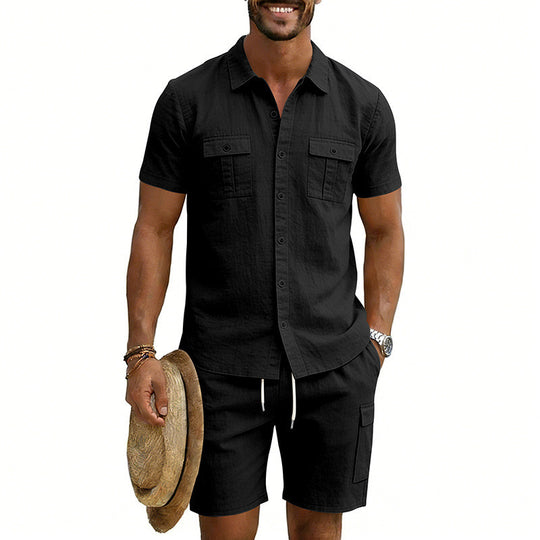Herren nan sommerliches Freizeitset aus Baumwoll-Leinenmix mit Kurzarm-Hemd und Cargo-Shorts EB