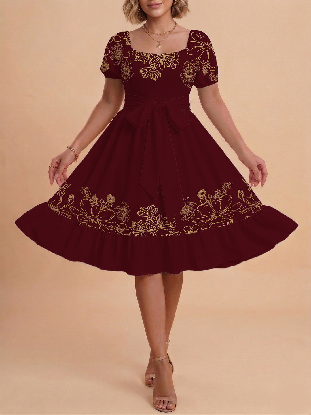 Damen A-Linien-Kleid mit floralen Motiven und taillierbarem Gürtel EB