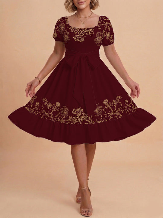 Damen A-Linien-Kleid mit floralen Motiven und taillierbarem Gürtel EB