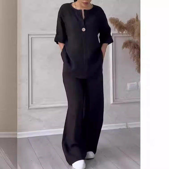 Damen nan lässiges Leinen-Relax-Set mit weiter Hose und Hemdbluse EB