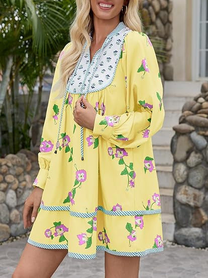 Damen Blusenkleid mit floralem Design und gerafftem Ausschnitt EB