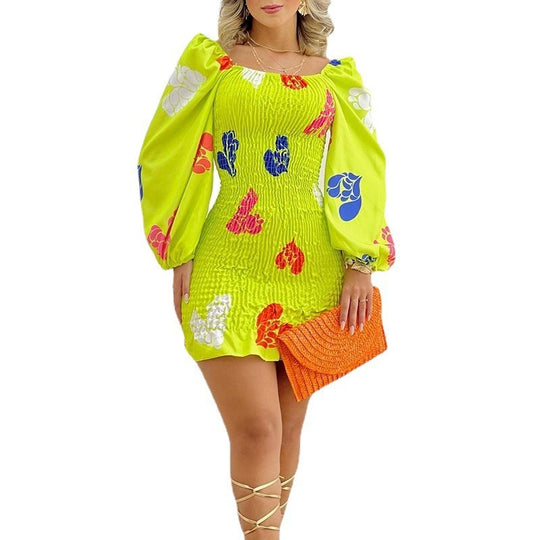 Damen Minikleid mit Puffärmeln und floralem Faltenmuster EB