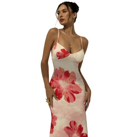 Damen Maxikleid mit zarten Spaghettiträgern und floralem Design EB