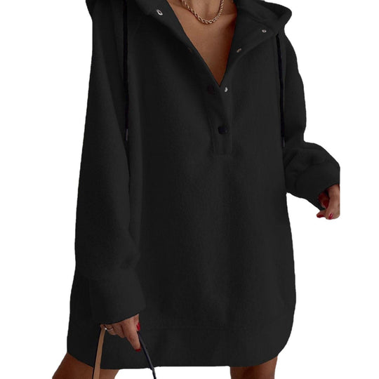 Damen nan kuscheliges Kapuzen-Fleece-Tunika-Sweatshirt mit Druckknopfleiste und überschnittener Schulter EB