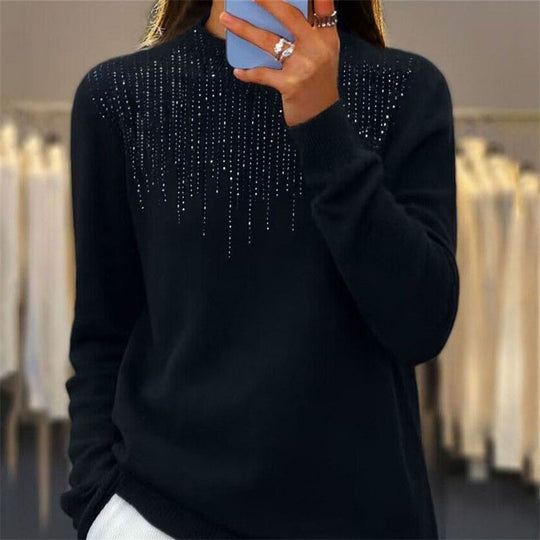 Damen nan kuscheliger Feinstrickpullover mit dezentem Strass-Einsatz am Rundhalsausschnitt und geripptem Saum EB