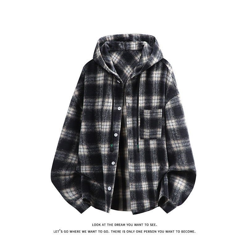 Unisex nan oversized Kapuzen-Hemdjacke aus Flanell mit Karomuster und Brusttasche EB