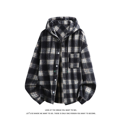 Unisex nan oversized Kapuzen-Hemdjacke aus Flanell mit Karomuster und Brusttasche EB