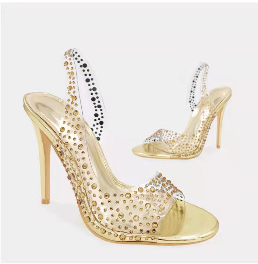 Damen Glamouröse High Heel Sandalen mit funkelndem Strassbesatz EB
