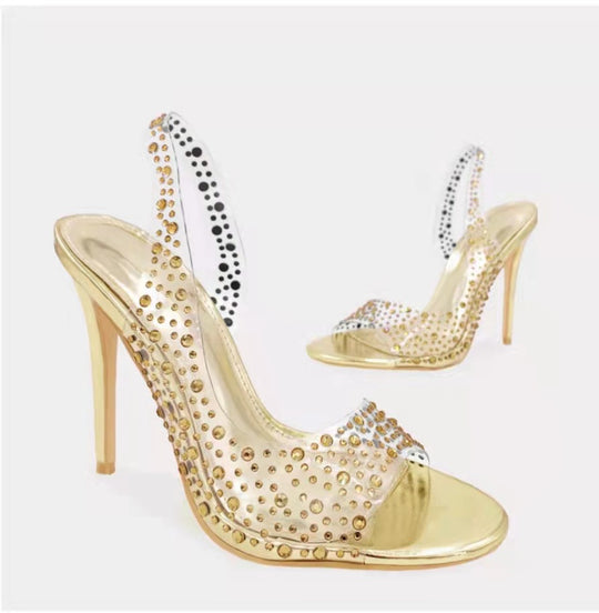 Damen Glamouröse High Heel Sandalen mit funkelndem Strassbesatz EB