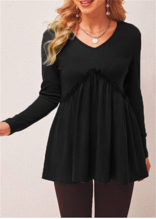 Damen V-Ausschnitt Langarmshirt mit Rüschendetail EB