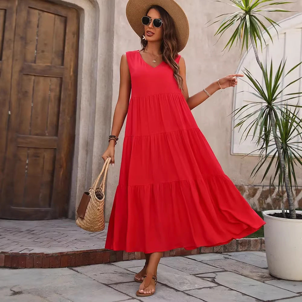 Damen Elegantes Sommer-Maxi-Kleid mit voluminösem Rock und V-Ausschnitt EB