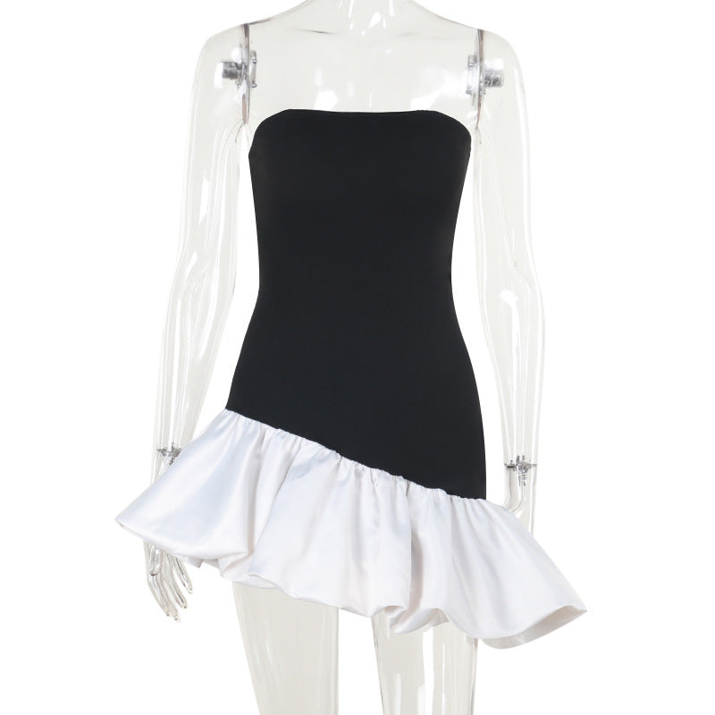 Damen schulterfreies Wickelkleid mit asymmetrischem Saum und farblich kontrastierender Rüsche EB