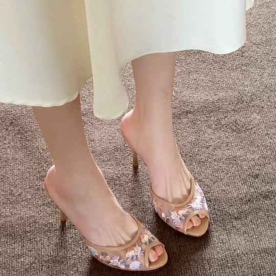 Damen Transparente Mules mit floralen Applikationen und hohen Absätzen EB