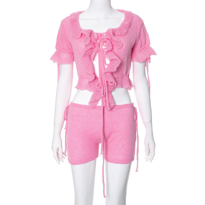 Damen Kurzarm Spitze Top mit Rüschen EB