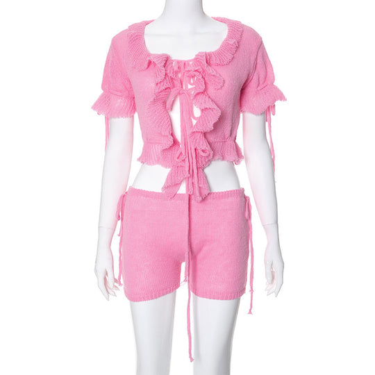 Damen Kurzarm Spitze Top mit Rüschen EB