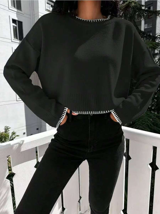 Damen lässiger Cropped Pullover mit feiner Rippstruktur und elastischem Bund EB