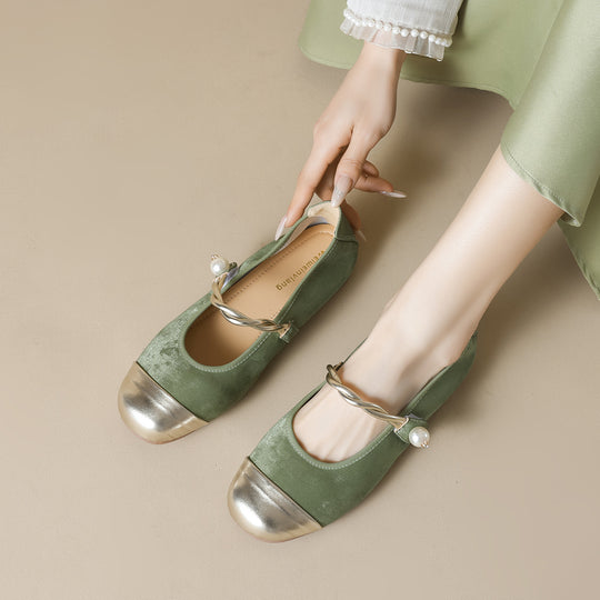 Damen Ballerinas mit elegantem Riemen und modischem Perlenschmuck EB