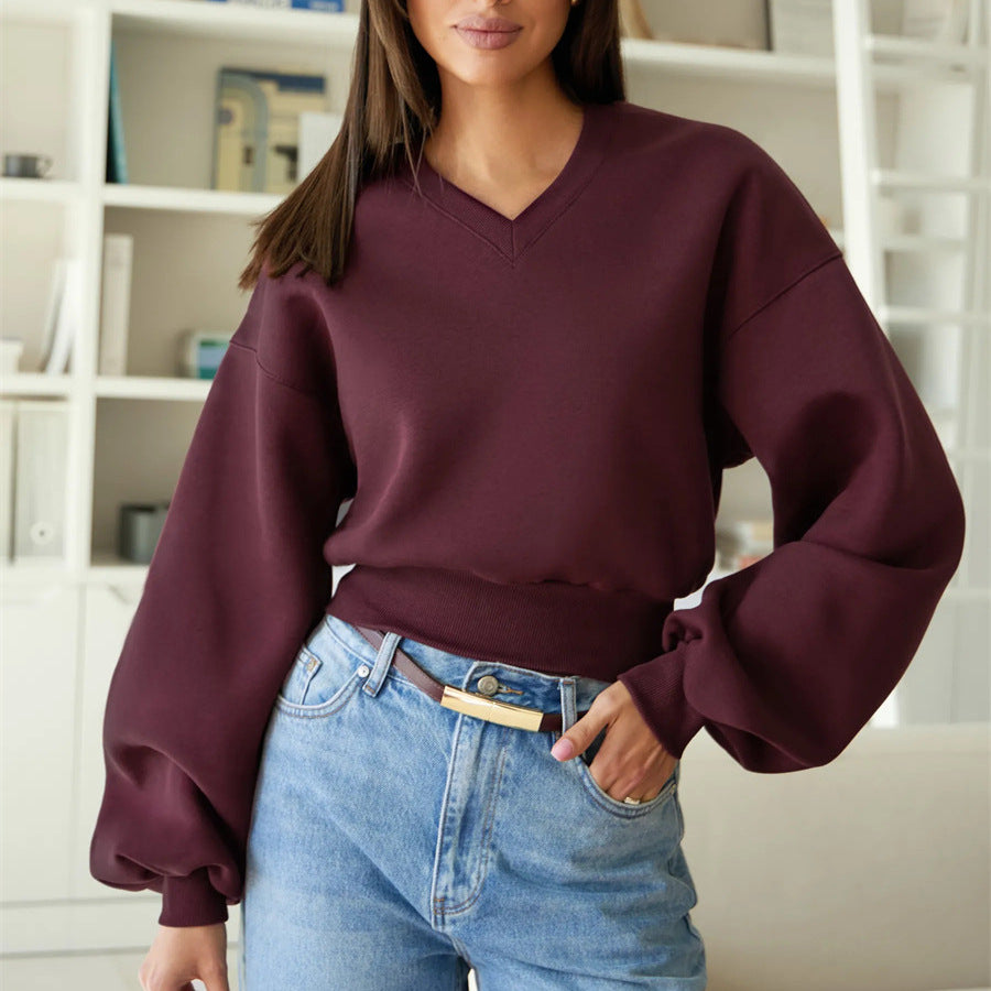 Damen Cropped V-Ausschnitt Pullover mit Ballonärmeln und Rippbund EB