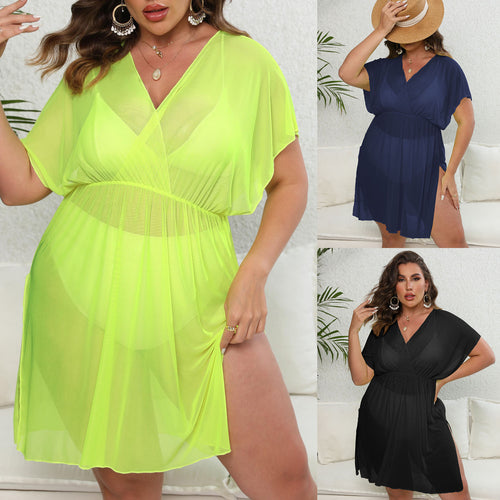 Damen luftiges Strandkleid mit V-Ausschnitt und breiten Ärmeln EB