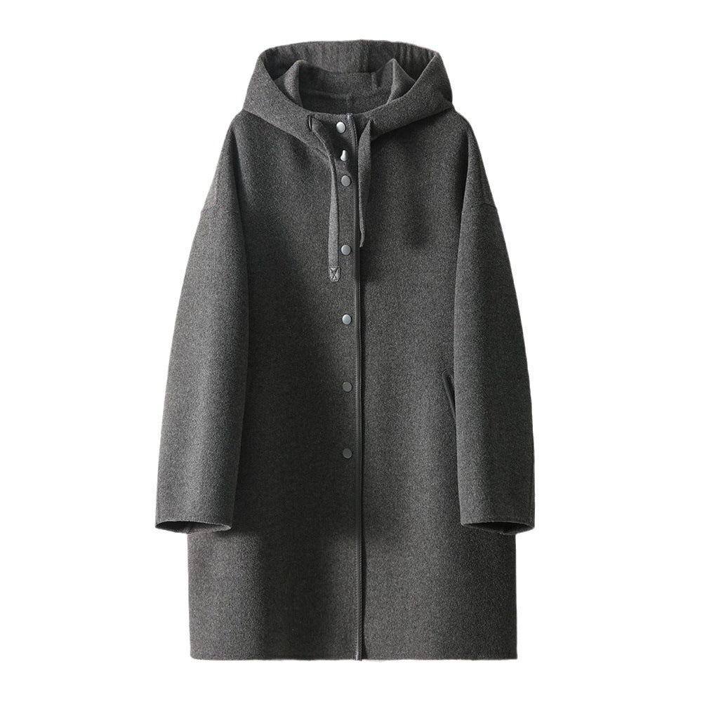 Damen nan midilanger Wollmixmantel mit Kapuze und Druckknopfleiste im Oversize-Schnitt EB