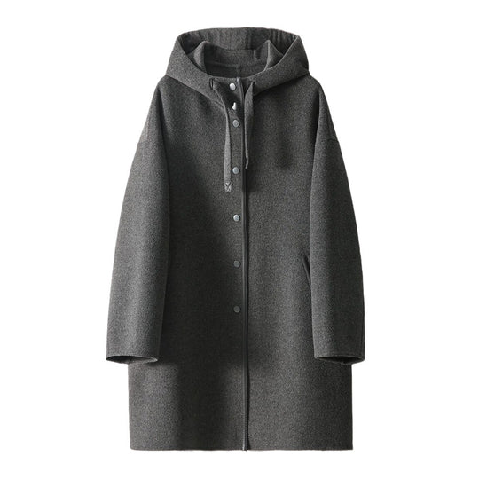 Damen nan midilanger Wollmixmantel mit Kapuze und Druckknopfleiste im Oversize-Schnitt EB