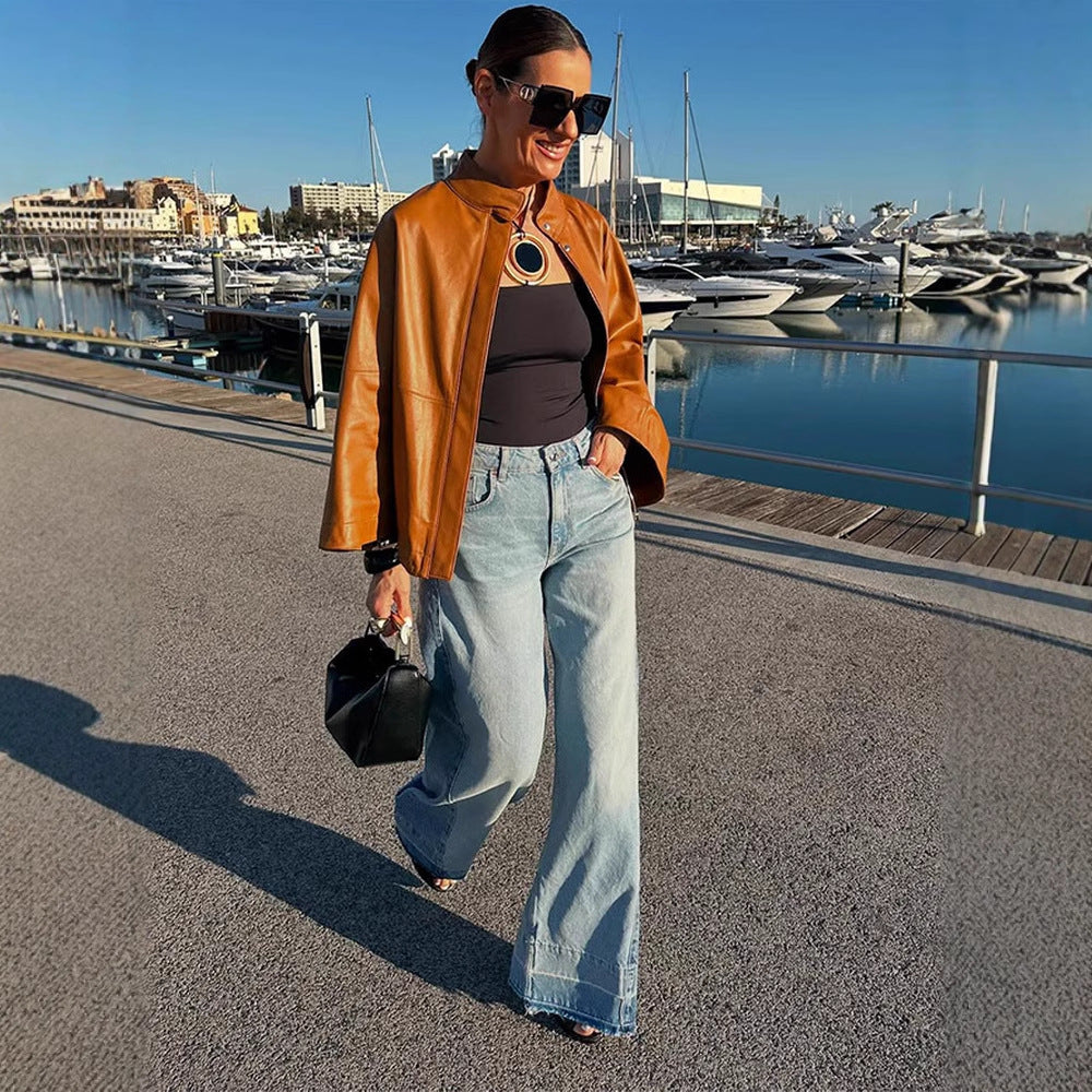 Damen Kunstlederjacke mit schickem Kapuzen-Design EB