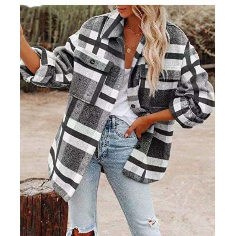 Damen Karobluse mit oversized Schnitt und Taschen EB