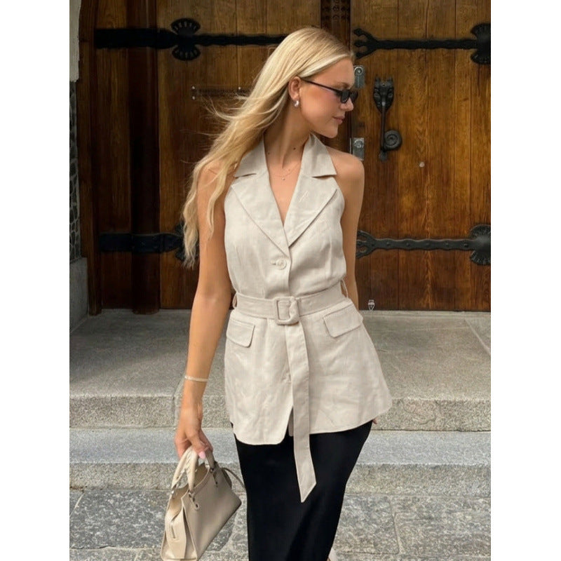 Damen ärmellose Blazer mit Bindegürtel und hoher Taillierung EB