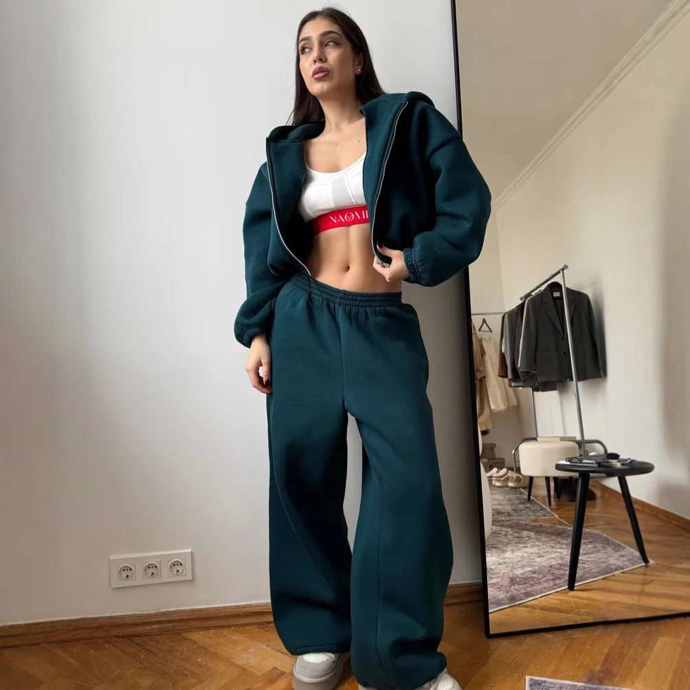 Damen Cropped-Zip-Hoodie und weite High-Waist-Loungehose Zweiteiler EB