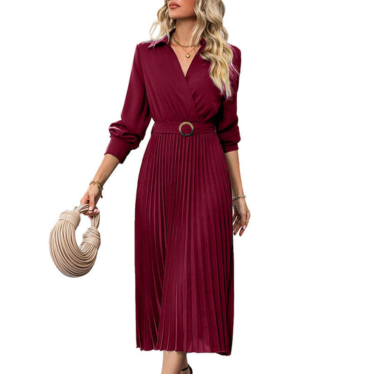 Damen Plissiertes Wickel-Midikleid mit Hemdkragen, Taillengürtel und langen Manschettenärmeln EB
