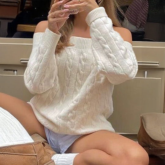 Damen nan oversized schulterfreier Zopfstrickpullover mit geripptem Ausschnitt und Ballonärmeln EB