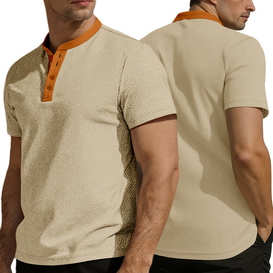 Herren nan schlankes Kurzarm-Henley-Poloshirt mit Mandarin-Kragen und feiner Jacquardstruktur EB