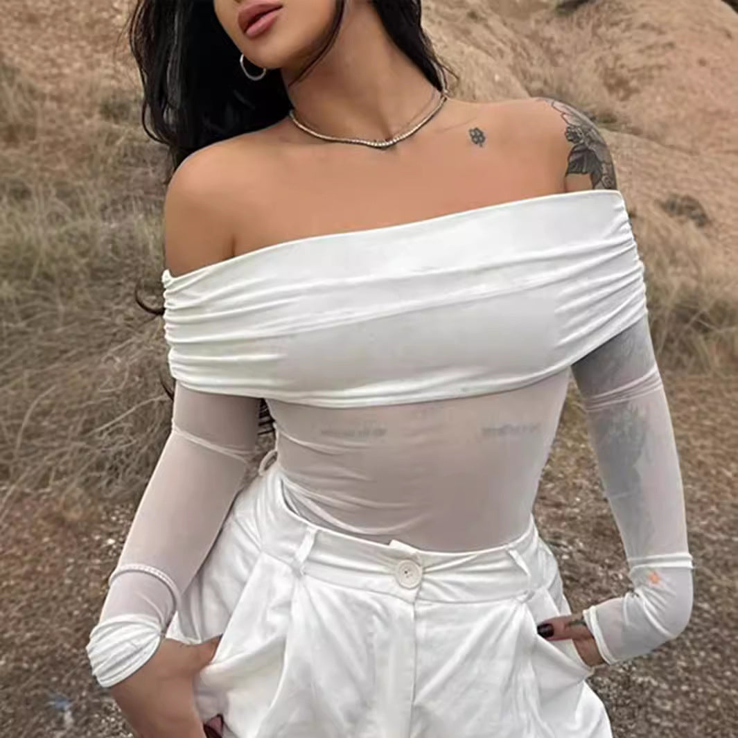Damen Off-Shoulder Langarmbody mit transparenten Akzenten EB