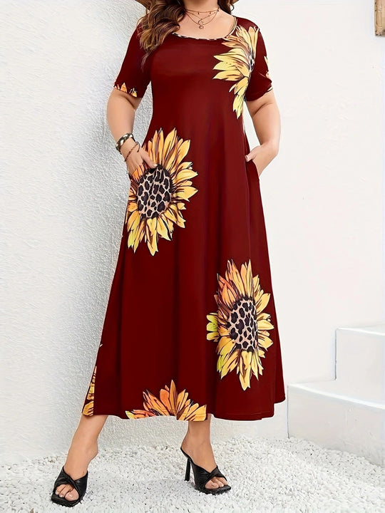 Damen Sommerliches Maxikleid mit floralem Sonnenblumenmuster und praktischen Taschen EB